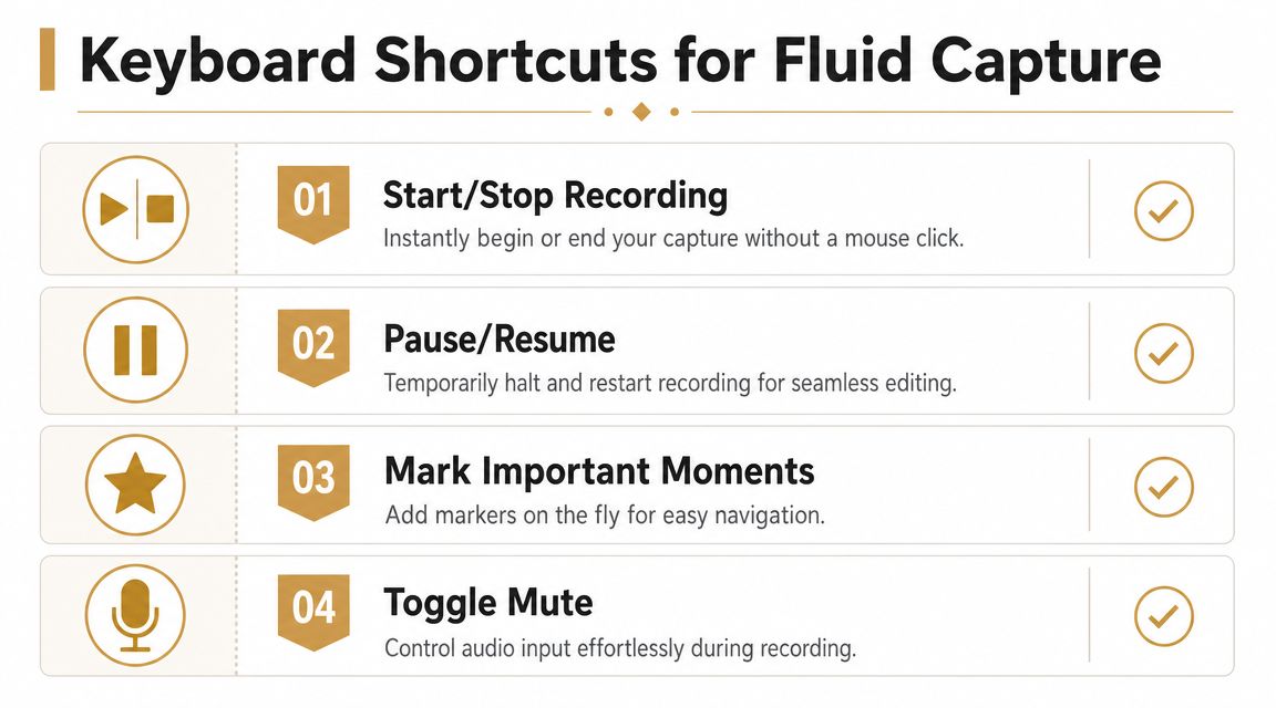 A list of four essential keyboard shortcuts for controlling fluid screen recording software features and audio inputs.