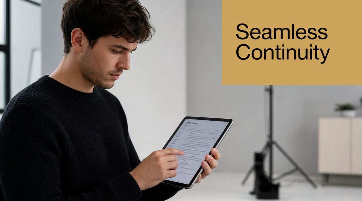 A man wearing a black sweater reading a video script on a tablet in a studio.