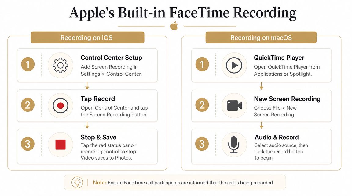 An infographic showing steps to screen record FaceTime calls on both iOS and macOS devices.