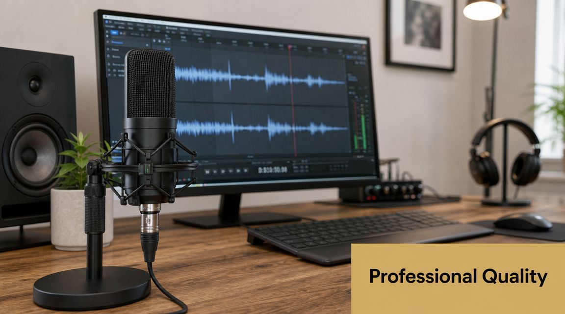 A professional podcast setup featuring a studio microphone on a desk with a computer displaying audio recording software.