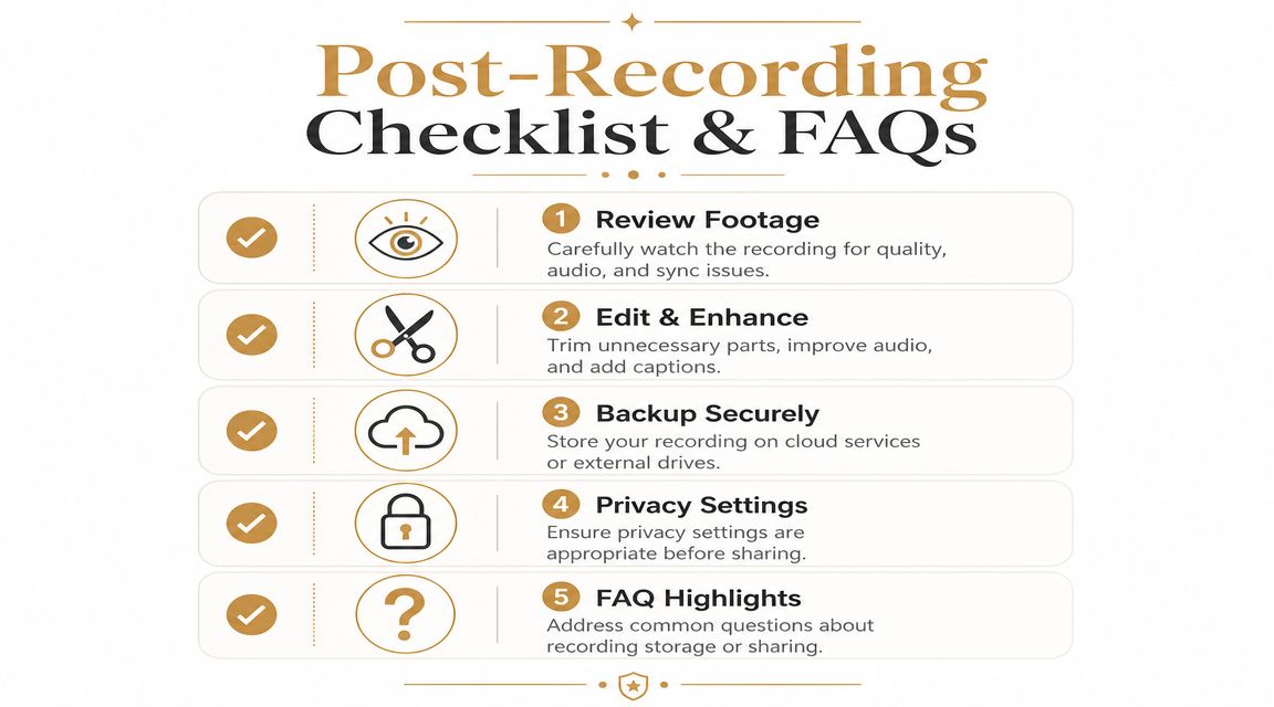 A checklist infographic outlining five essential post-recording steps including reviewing, editing, backing up, privacy, and FAQs.