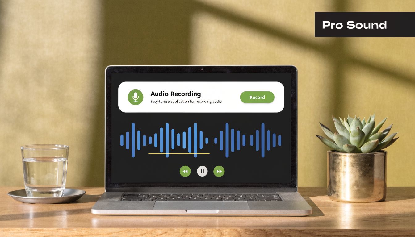 A laptop on a wooden desk displaying a professional audio recording software interface with sound waves.