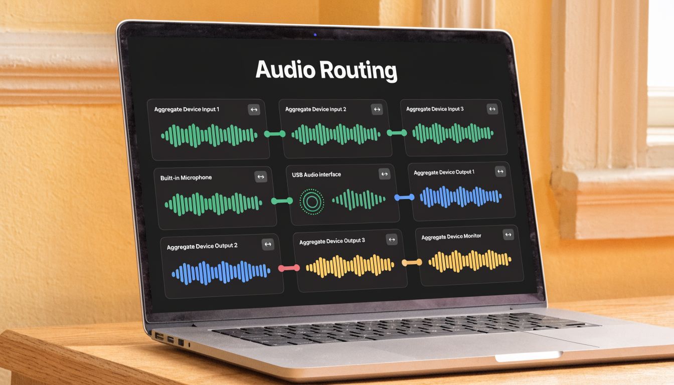 A laptop screen displaying an audio routing interface with visualized sound wave tracks on a dark background.