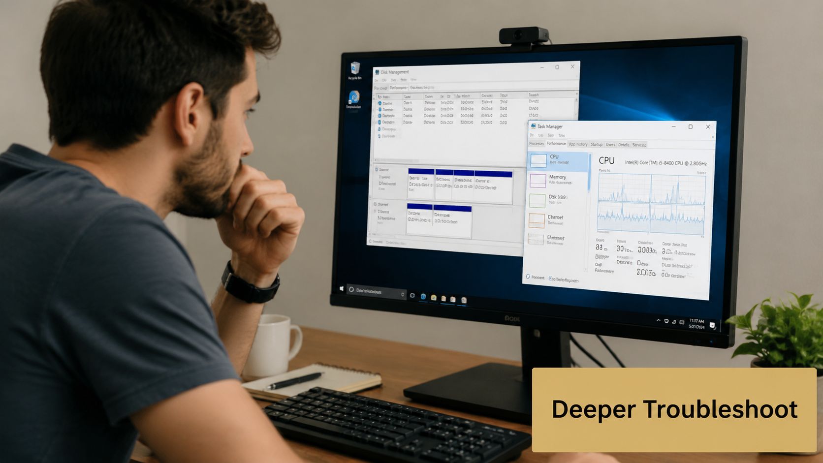 A person sitting at a desk looking at a computer screen showing disk management and task manager windows.