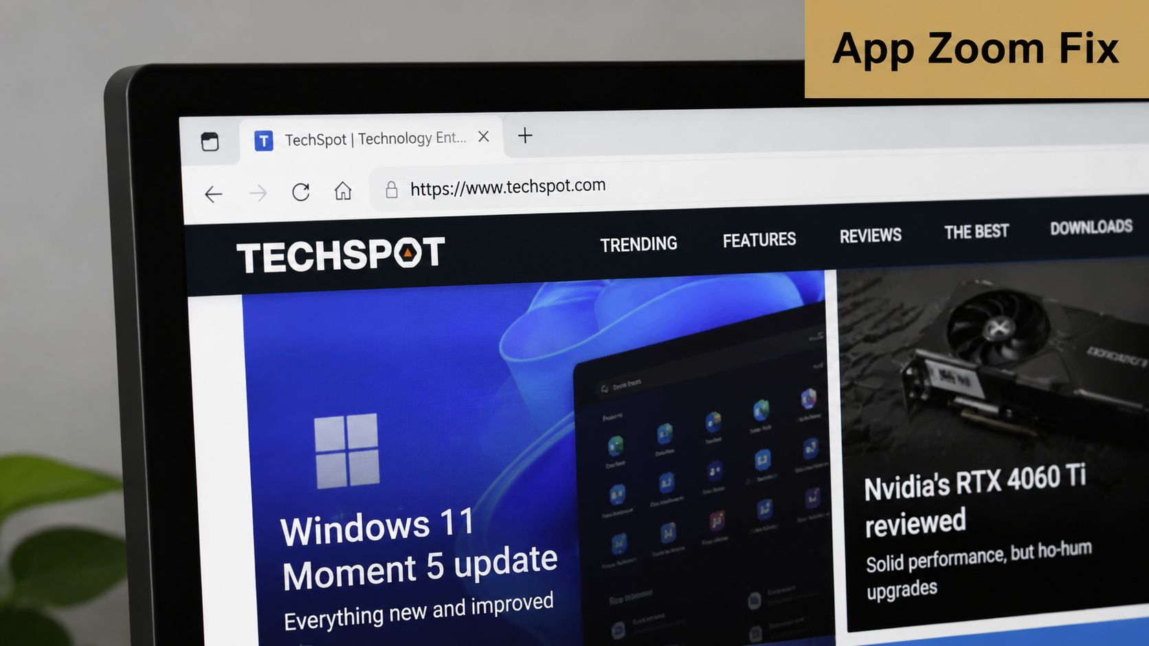 A close-up view of a computer screen displaying the TechSpot website homepage in a web browser.
