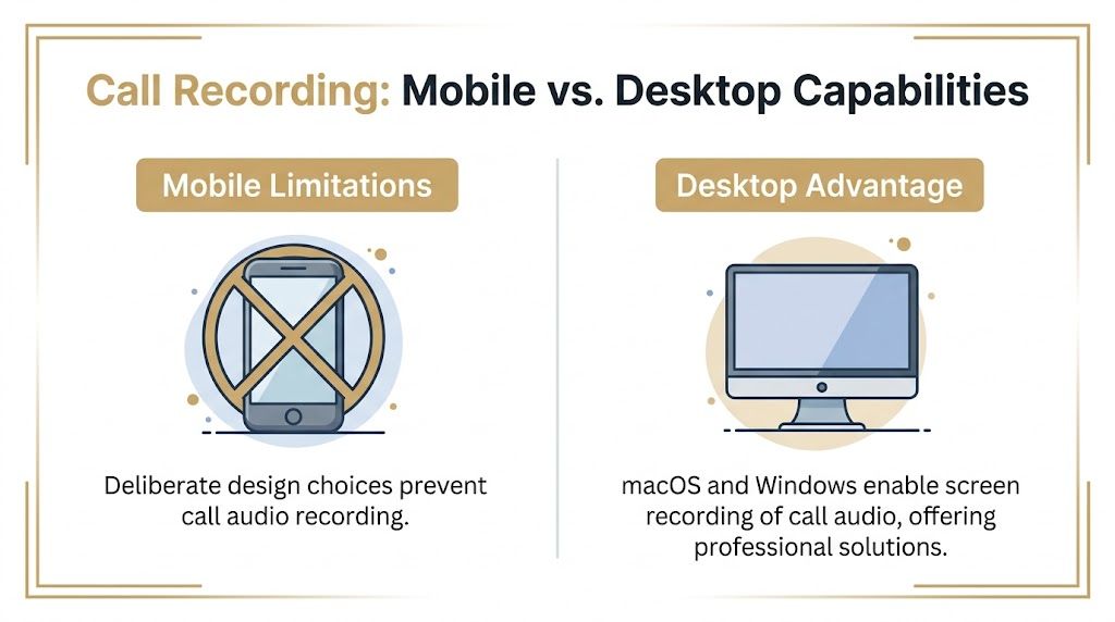 A comparison graphic showing mobile limitations versus desktop advantages for recording call audio.