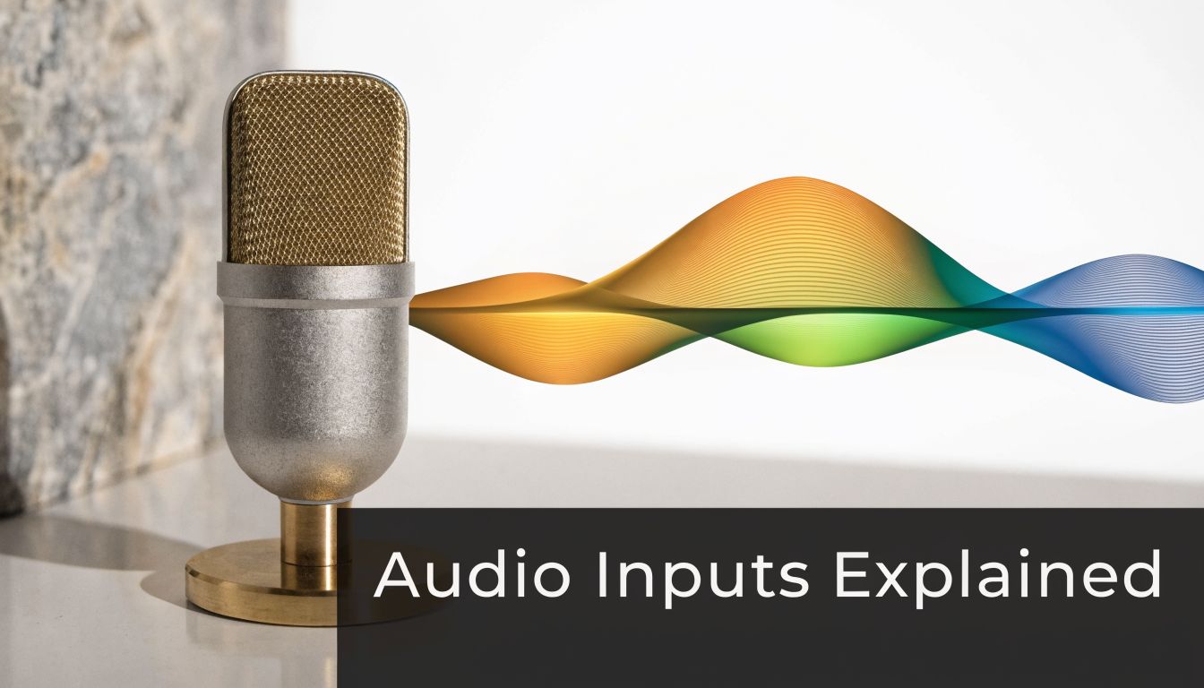 A vintage-style studio microphone set against a clean background with a vibrant, colorful digital audio sound wave.