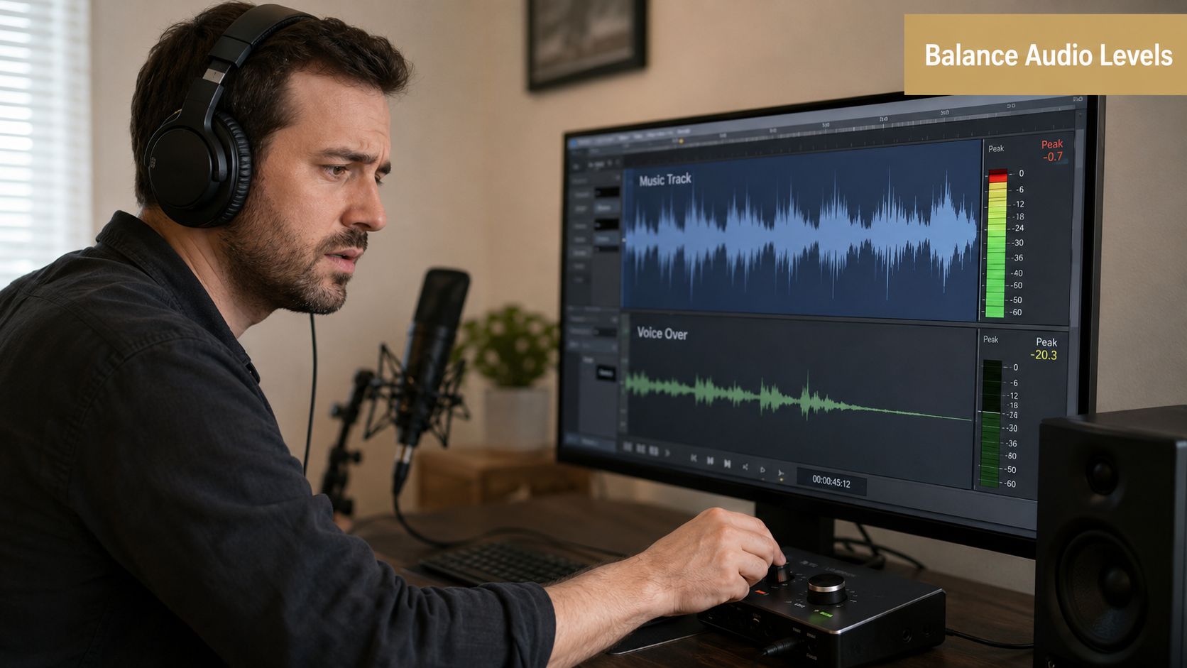 A professional audio editor works on balancing music and voiceover levels at his workstation in a studio.