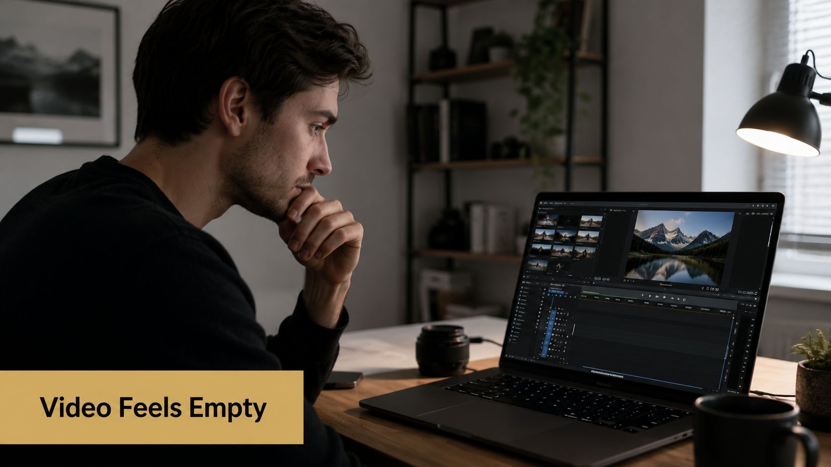 A focused man sitting at his desk editing a video landscape project on his laptop computer.