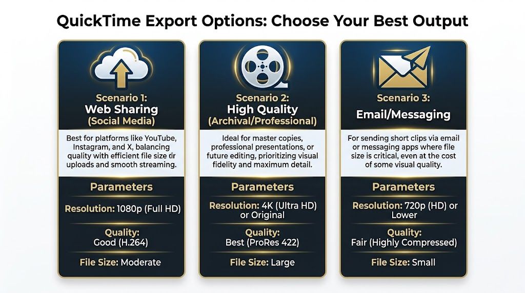 A guide showing three QuickTime export options for web sharing, high quality archival, and email messaging.