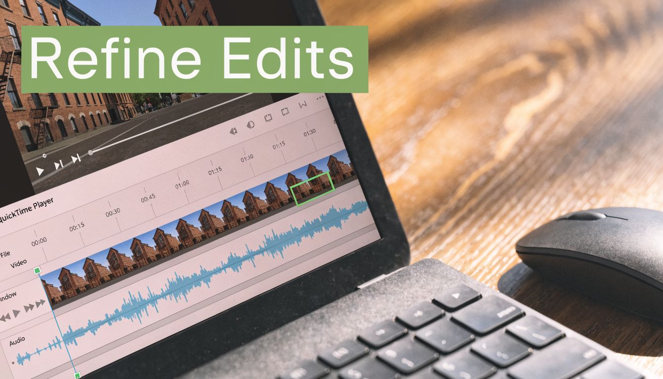 A close-up view of a laptop screen showing a video editing timeline in QuickTime Player.