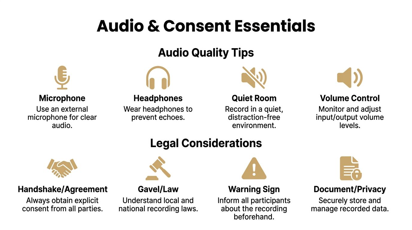 An infographic titled Audio & Consent Essentials detailing tips for high-quality audio and important legal recording considerations.