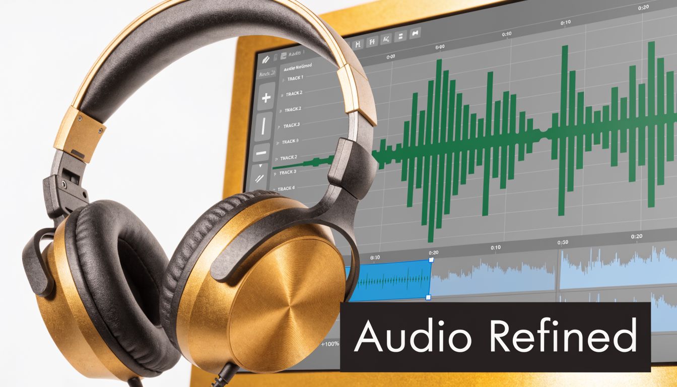 A pair of gold and black professional headphones resting against a computer screen showing digital audio editing software.
