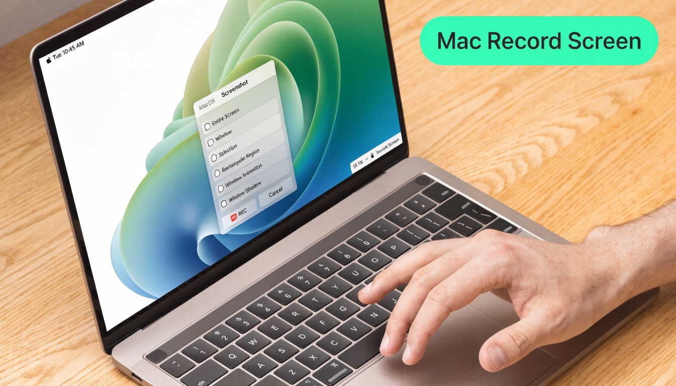 A close-up view of a person using a MacBook laptop to open the screen recording settings menu.