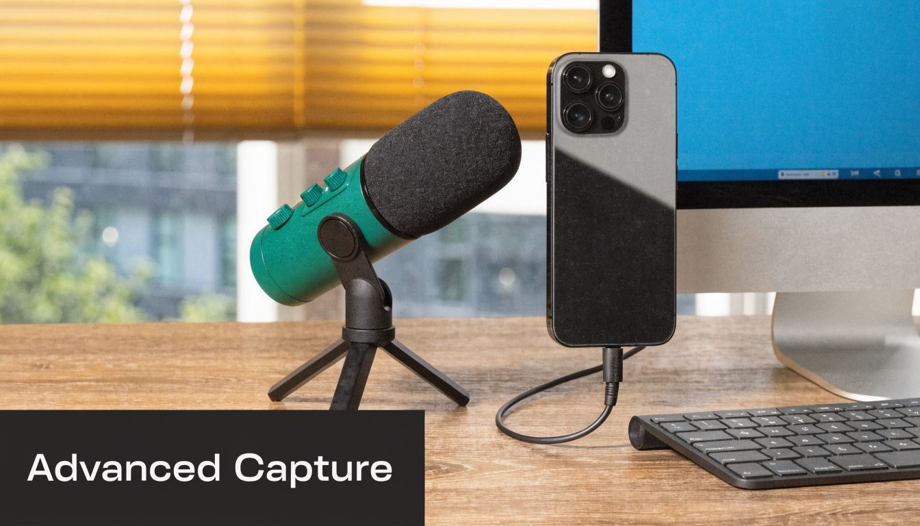 A teal microphone on a small tripod stands next to a smartphone connected to a computer monitor.