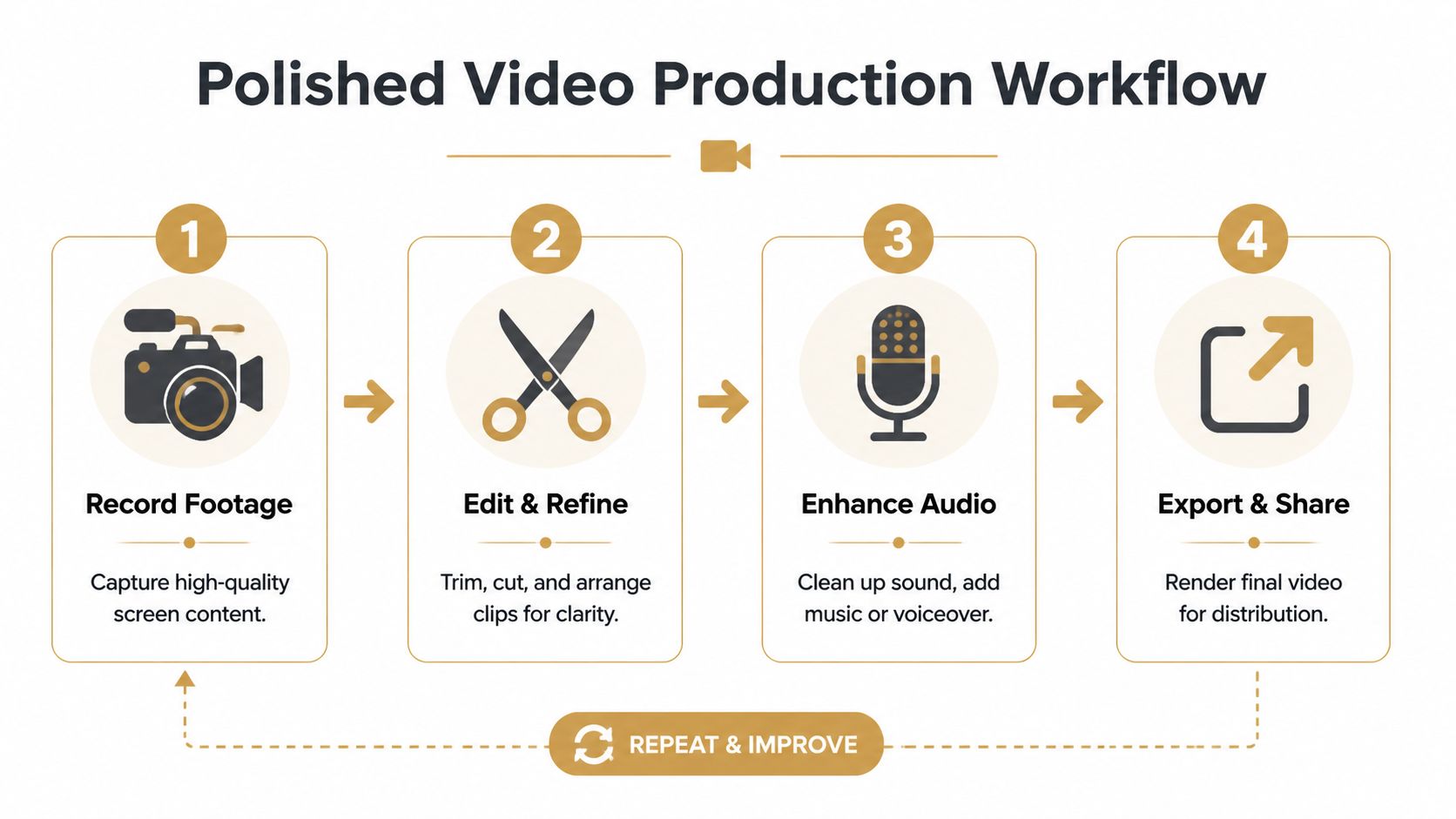 A diagram illustrating a four-step polished video production workflow for capturing and creating professional video content.