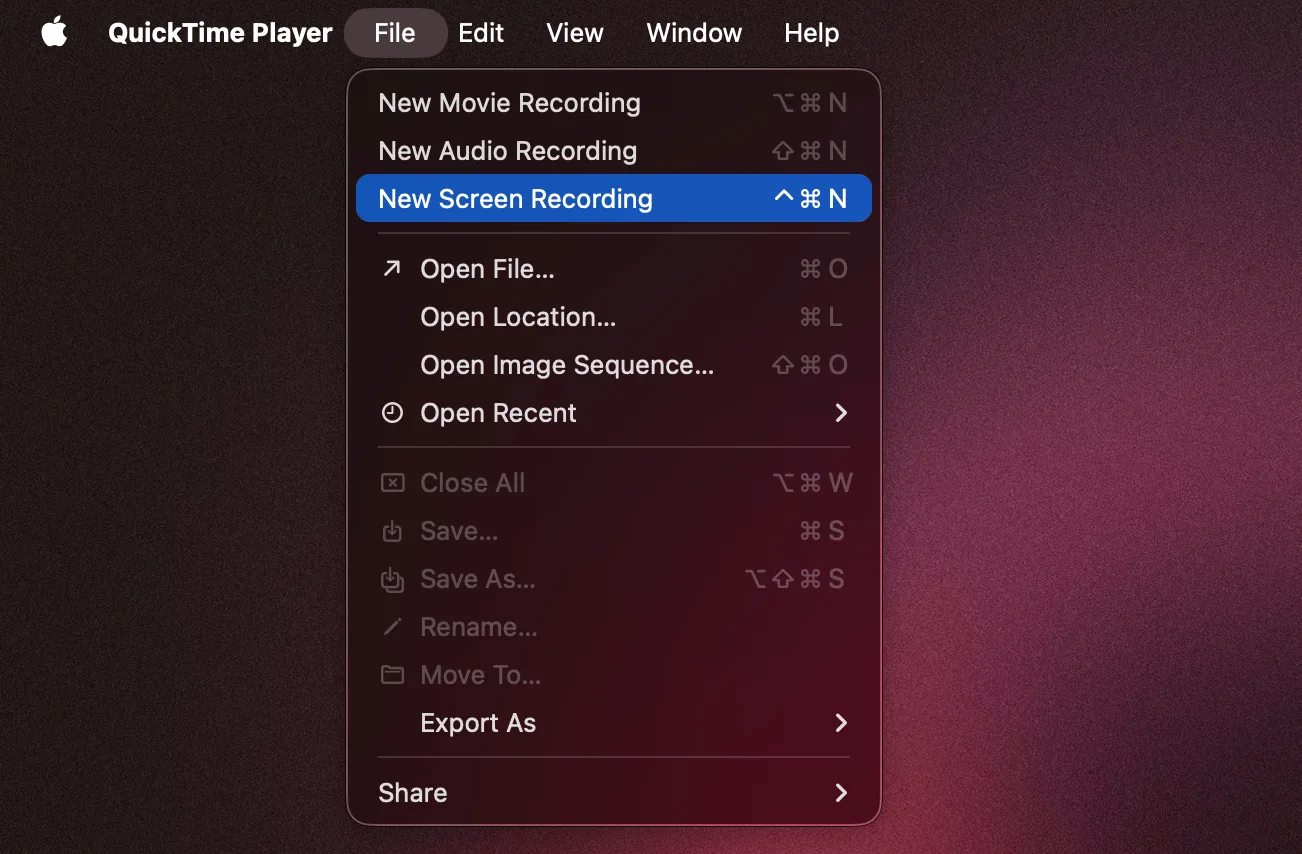 QuickTime Player screen recording menu on macOS