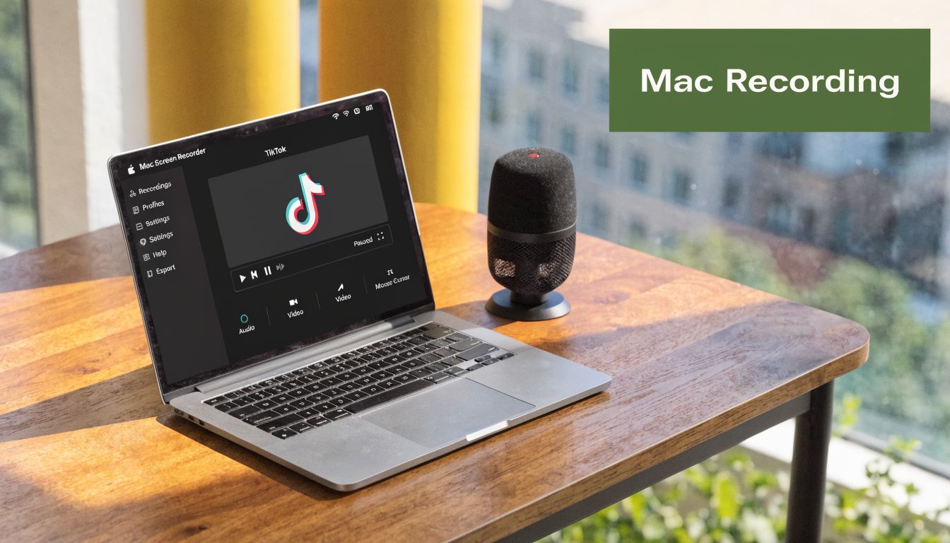 A modern laptop on a wooden desk displaying TikTok screen recording software with a microphone nearby.