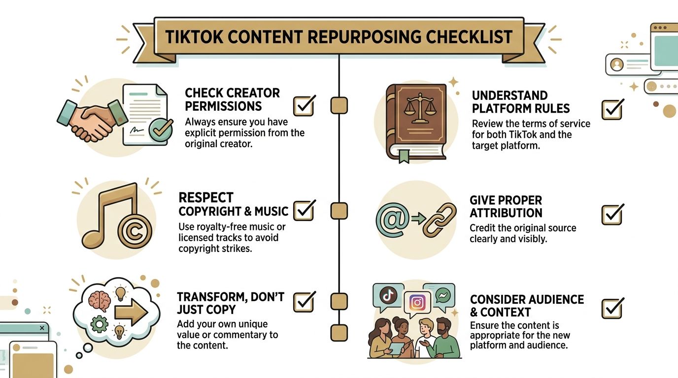 A checklist infographic outlining legal and ethical guidelines for repurposing TikTok content on other social platforms.