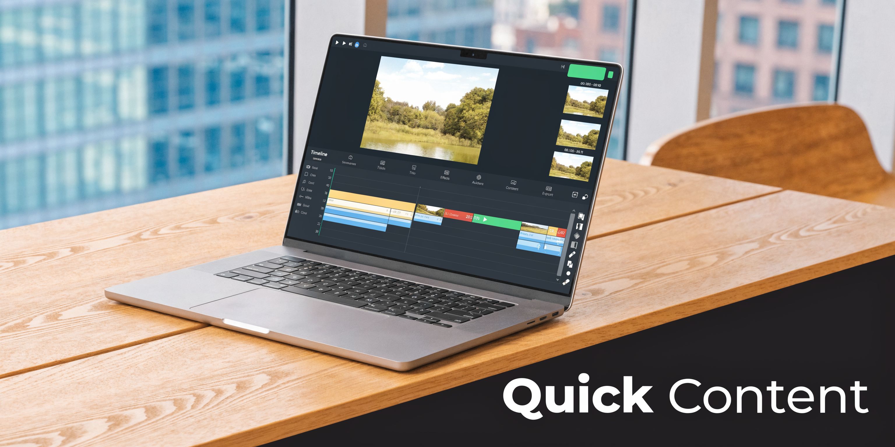 A sleek laptop displaying video editing software on a wooden desk near a large window.