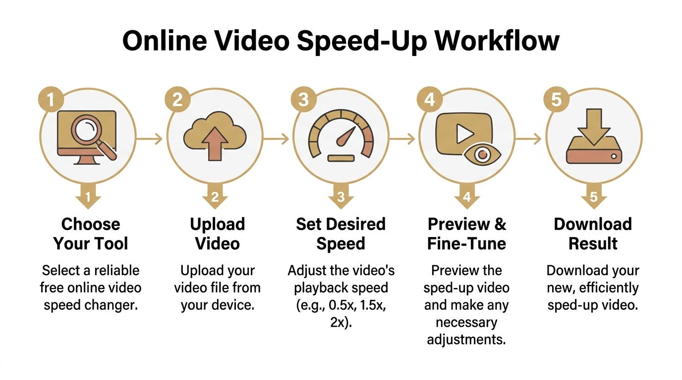 A five-step instructional diagram illustrating the online video speed-up workflow process for users.