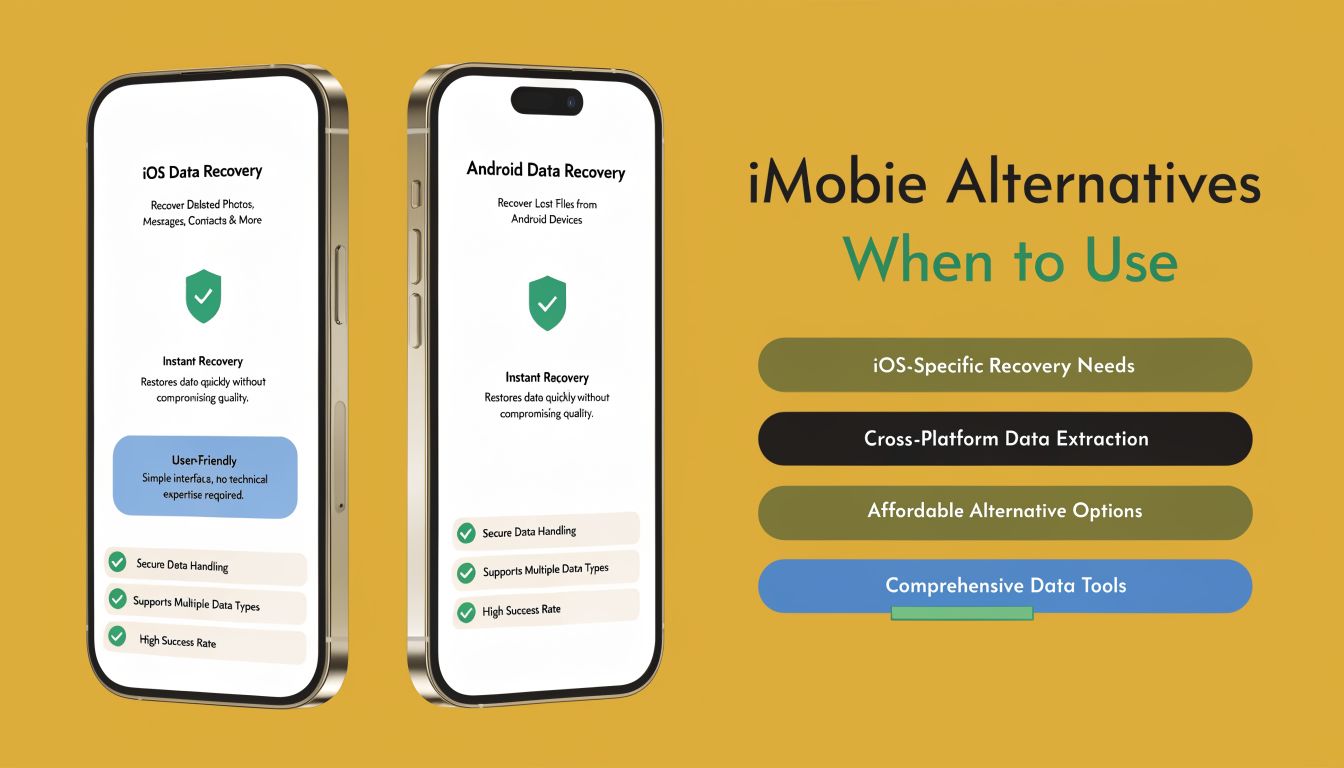 A promotional graphic comparing data recovery alternatives for iOS and Android devices on a yellow background.