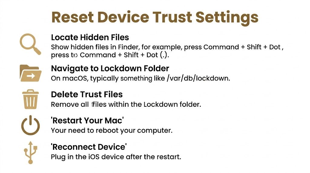 A guide on resetting device trust settings for iOS devices on macOS including folder deletion instructions.