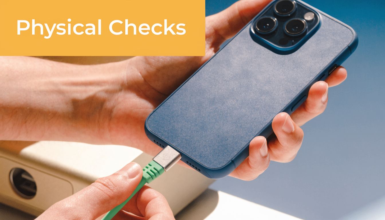 A hand plugging a green charging cable into a smartphone as part of physical device checks.