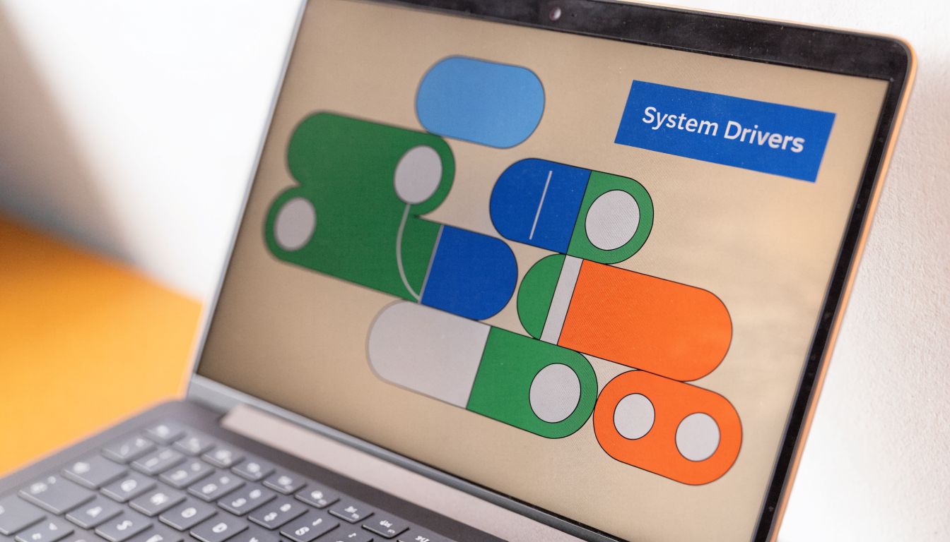 A close-up of a laptop screen displaying a colorful graphic illustration about system drivers and software updates.