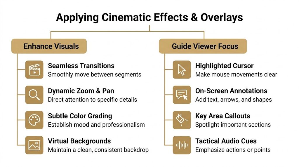 A diagram illustrating methods to apply cinematic effects and overlays to enhance videos and guide viewer focus.