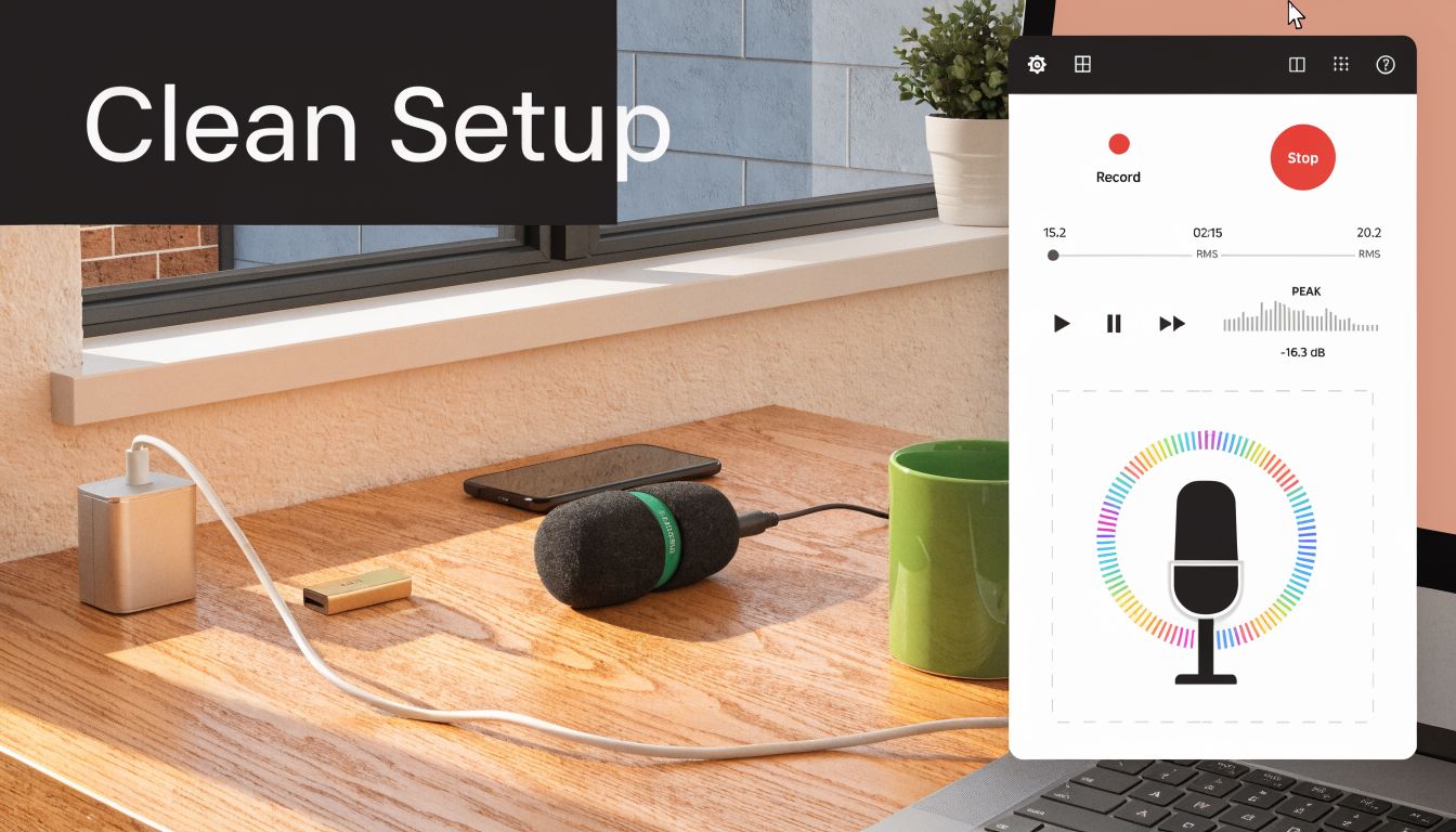 A minimalist home office desk setup featuring a laptop with audio recording software, microphone, and coffee mug.