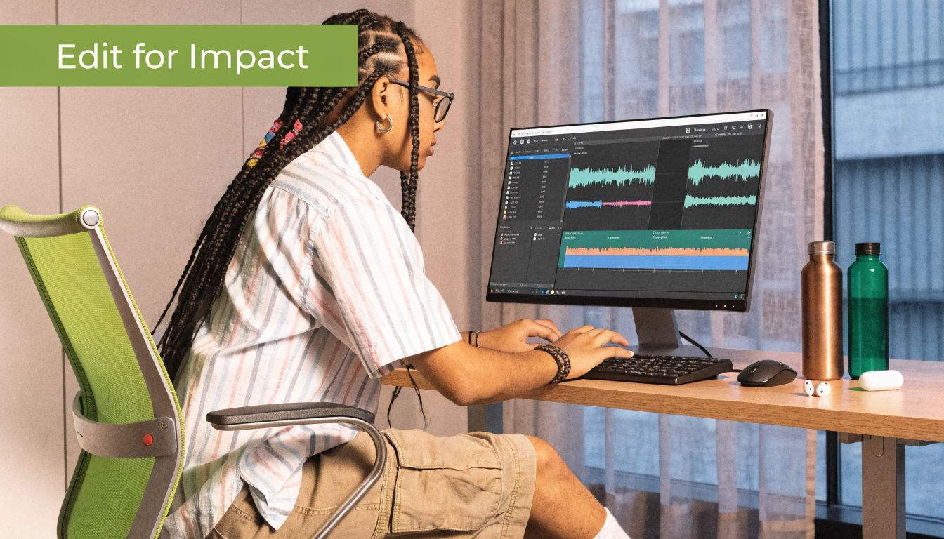 A young person with braided hair working on audio editing software on a desktop computer workstation.