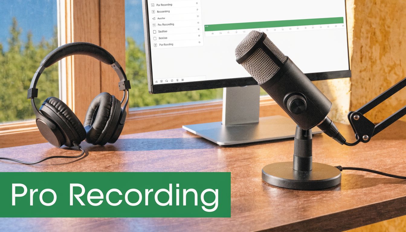 A professional microphone and black headphones set up on a wooden desk with a computer monitor screen.