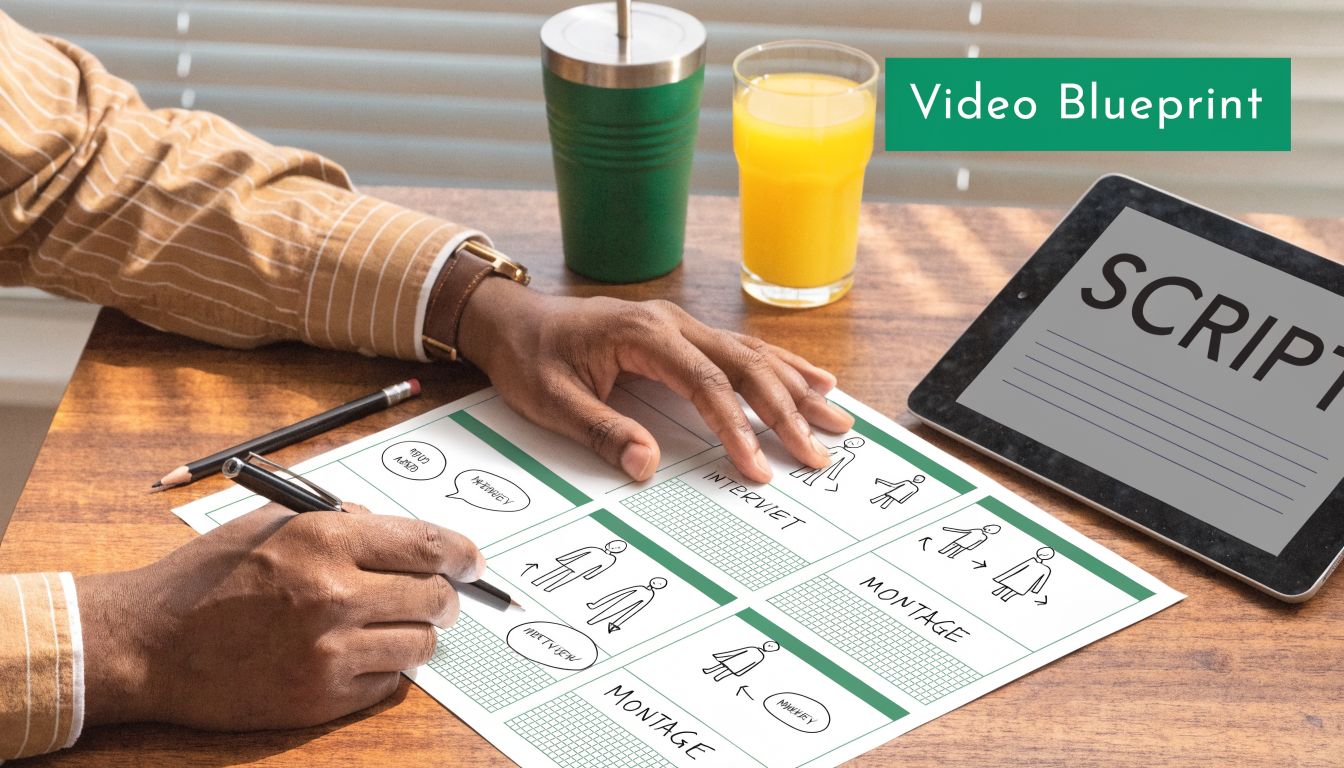 A person writing on a video blueprint storyboard document at a desk with a digital tablet and juice.