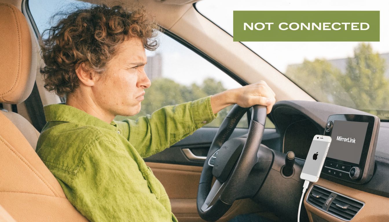A frustrated man sits in the driver seat of a car looking at a disconnected Apple iPhone.