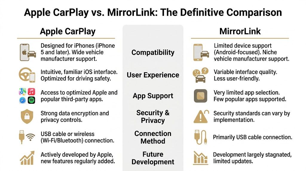 A comparison chart outlining the key differences between Apple CarPlay and MirrorLink for vehicle connectivity systems.