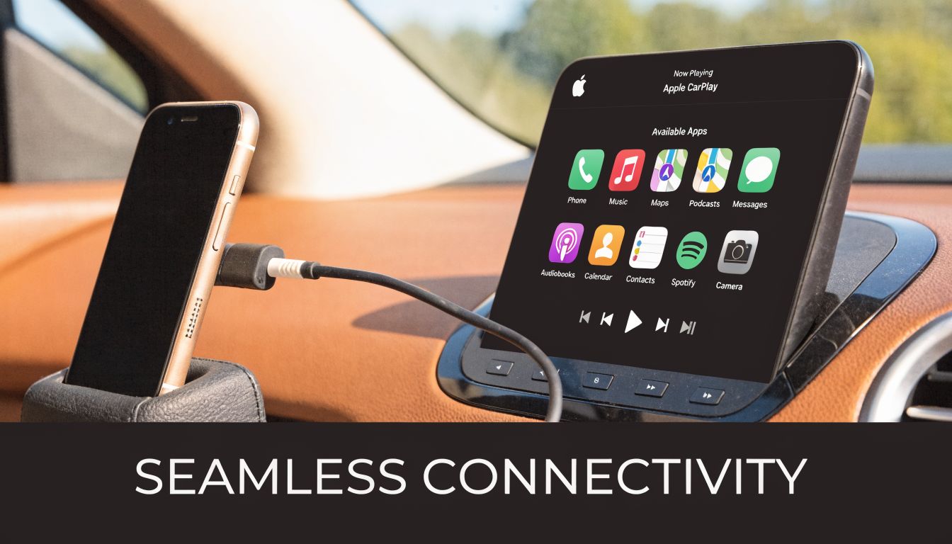 A smartphone connected via cable to a vehicle infotainment system displaying the Apple CarPlay interface on screen.