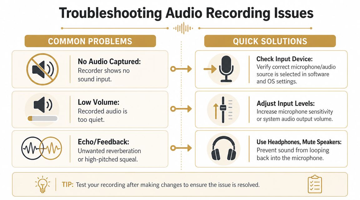 A troubleshooting infographic illustrating common audio recording problems and their quick solutions for better audio quality.