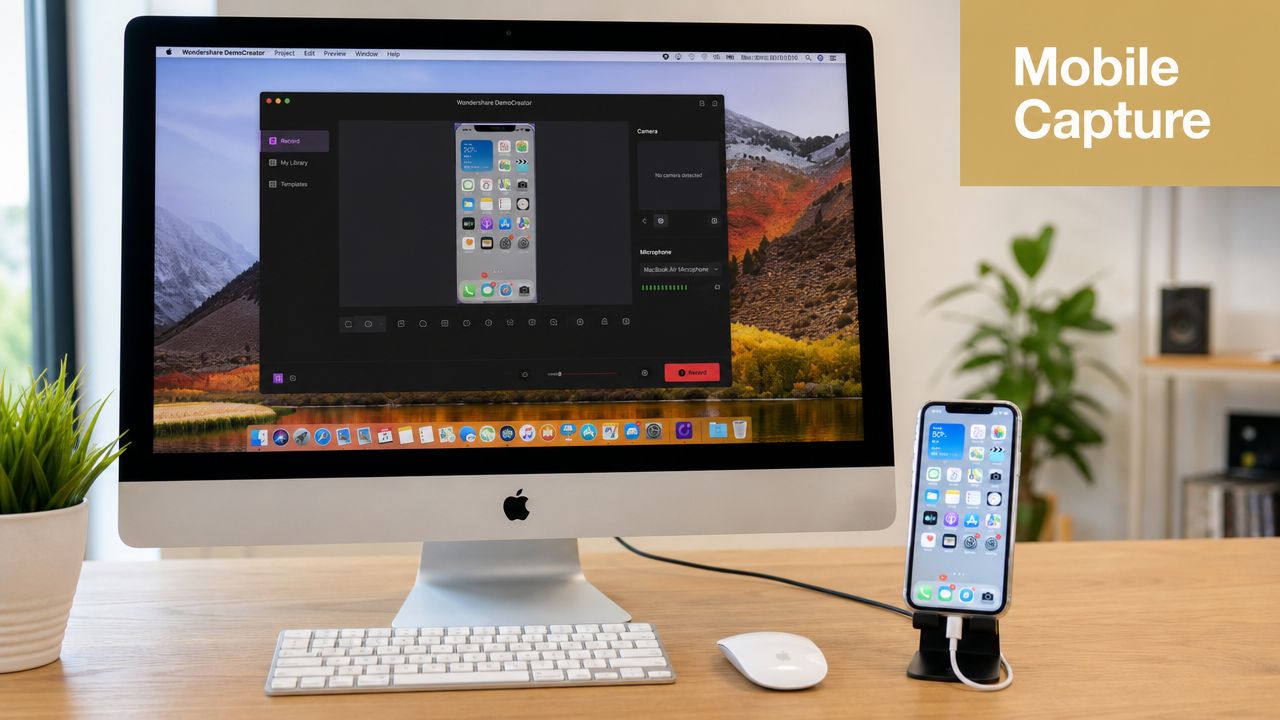 A desktop computer setup showing a screen recording application with a smartphone connected to record mobile content.