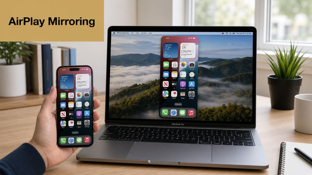 A person holding an iPhone that is mirroring its screen onto a MacBook Pro laptop workspace.