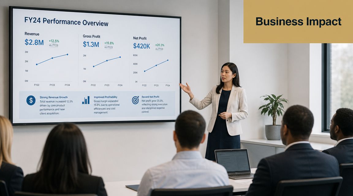 A professional woman presenting business performance metrics on a large screen to a team in a meeting room.