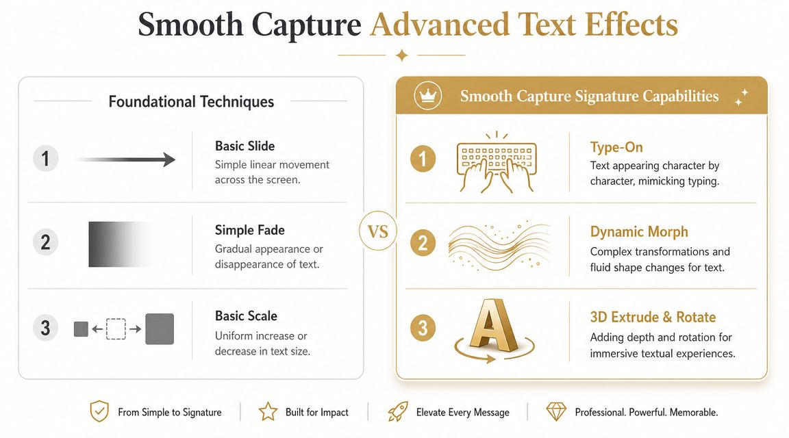 A comparison chart showing foundational text animation techniques versus Smooth Capture signature advanced text effects.