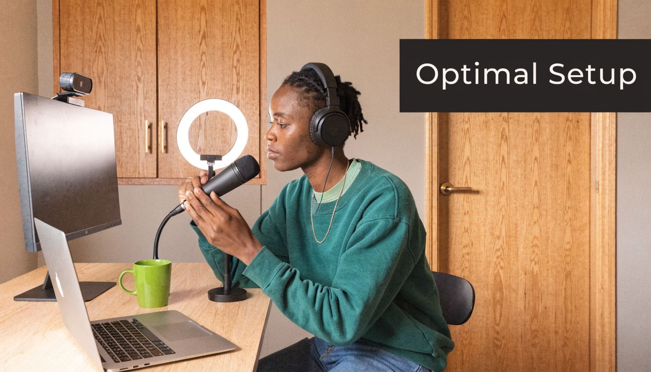 A person wearing headphones speaks into a microphone while recording content at a wooden desk setup.