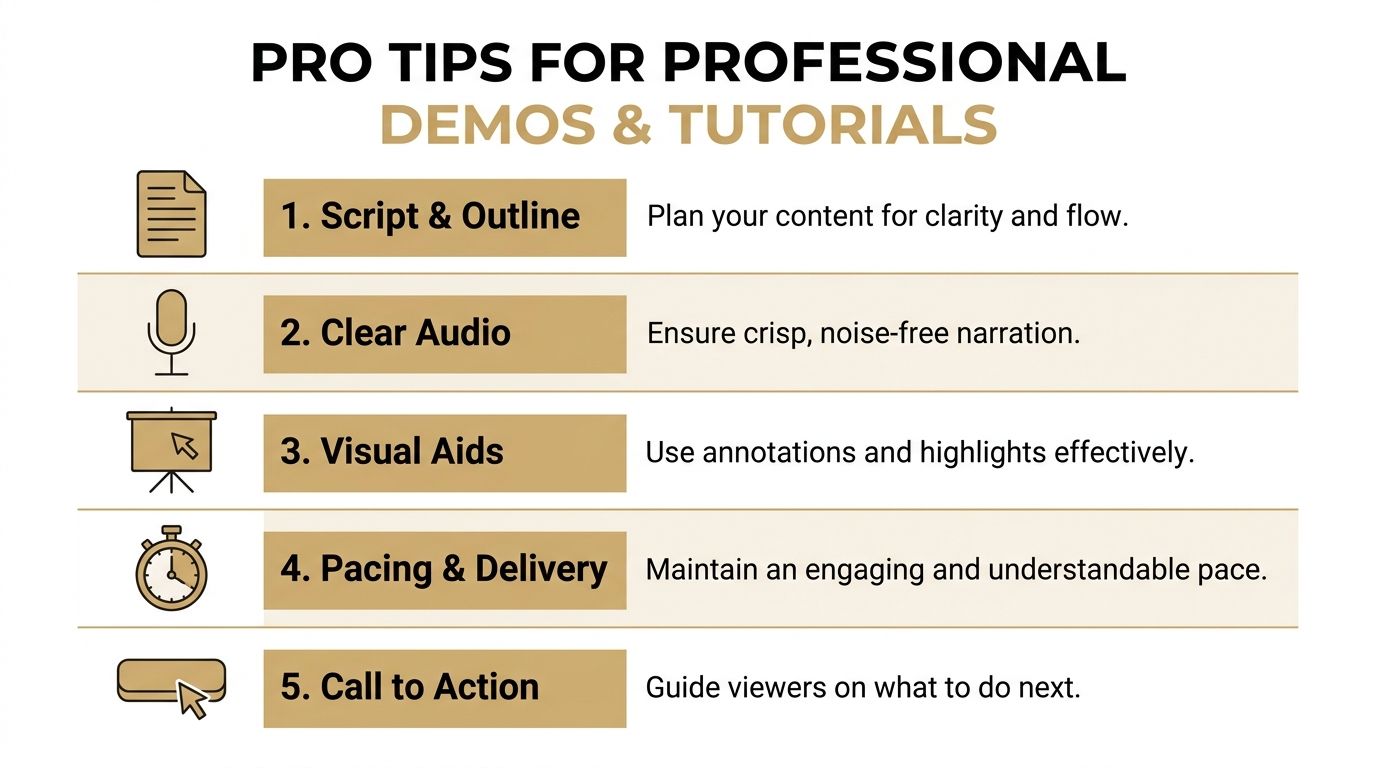 A list of five professional tips for creating effective video demonstrations and tutorials, including preparation and delivery advice.