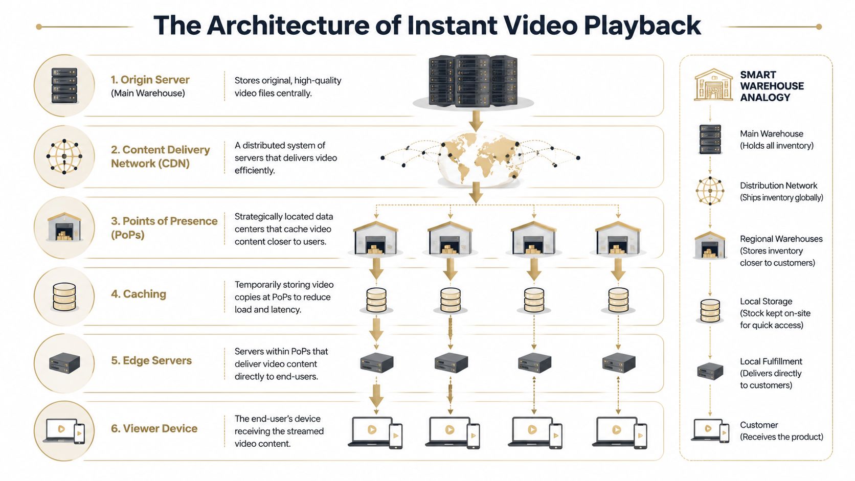 A diagram illustrating the architecture of instant video playback using a smart warehouse analogy for content delivery.