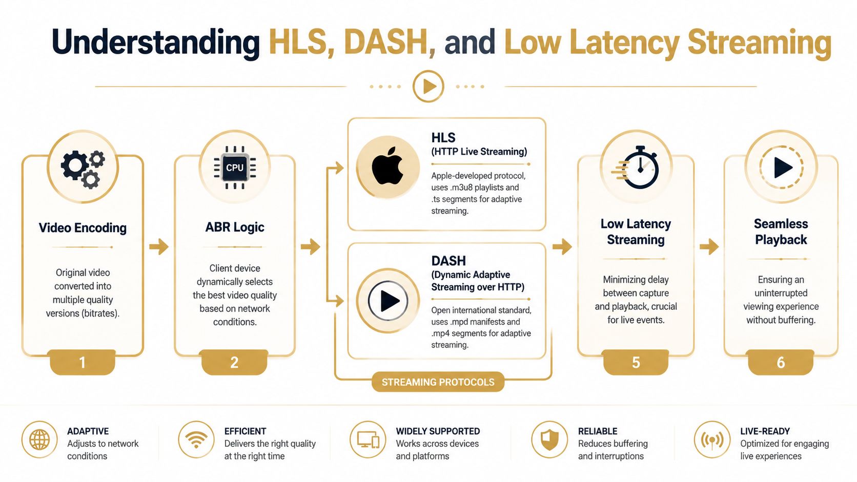 A flowchart explaining the streaming process for HLS and DASH, including video encoding, ABR logic, and playback.