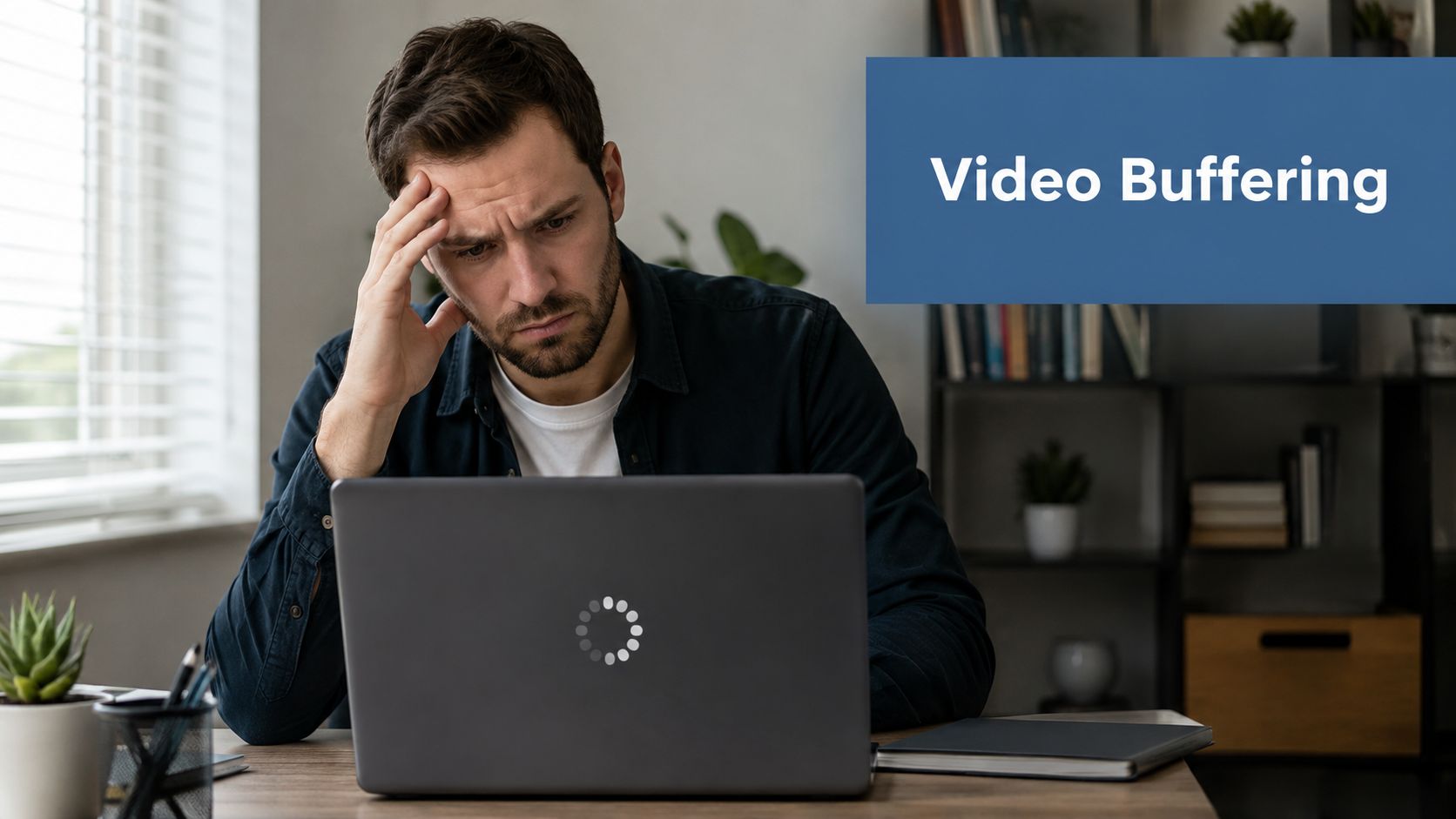 A frustrated man looking at a laptop computer displaying a spinning loading icon while video buffering occurs.