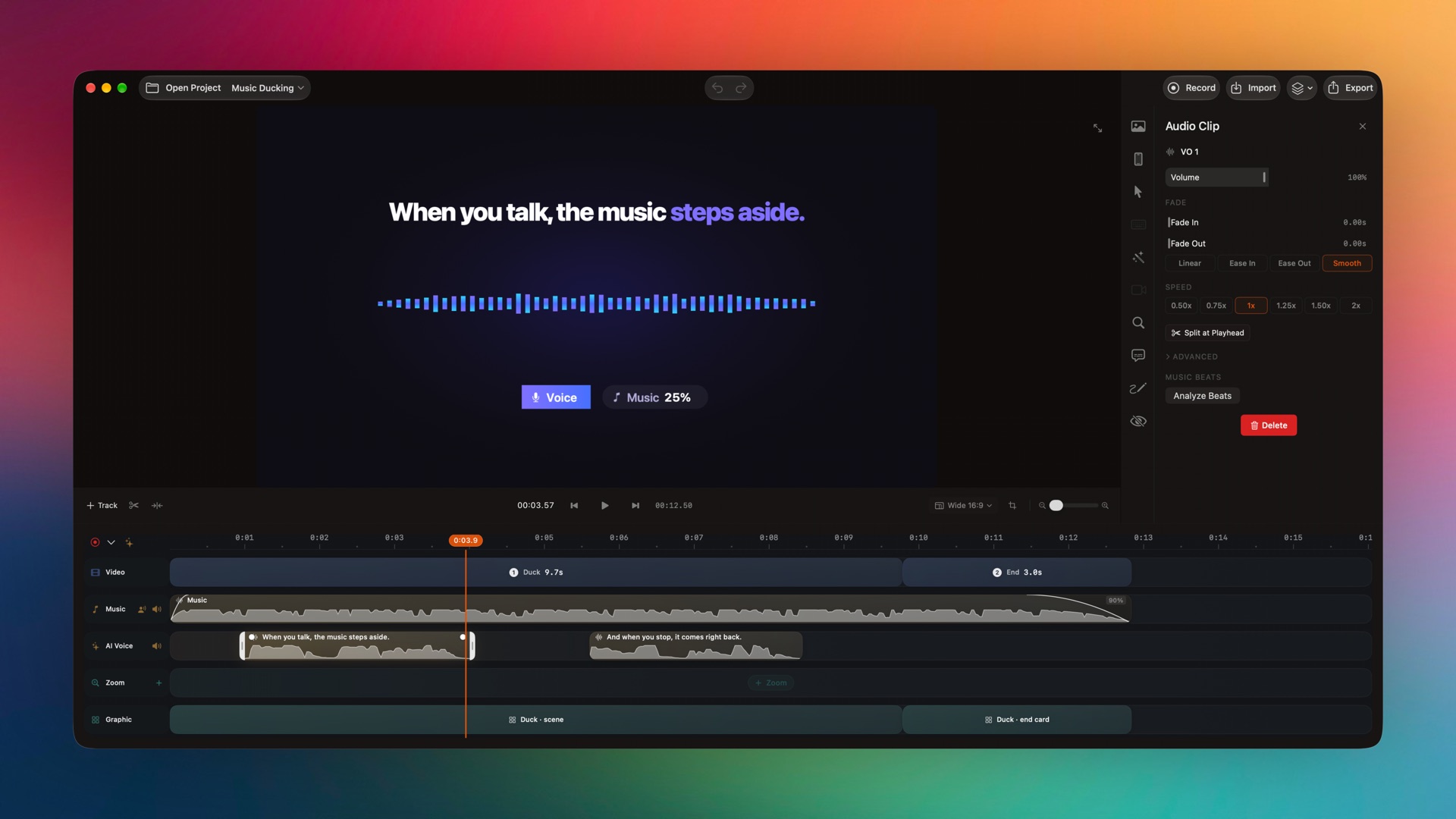 Audio clip inspector next to a voice track ducking music to 25%