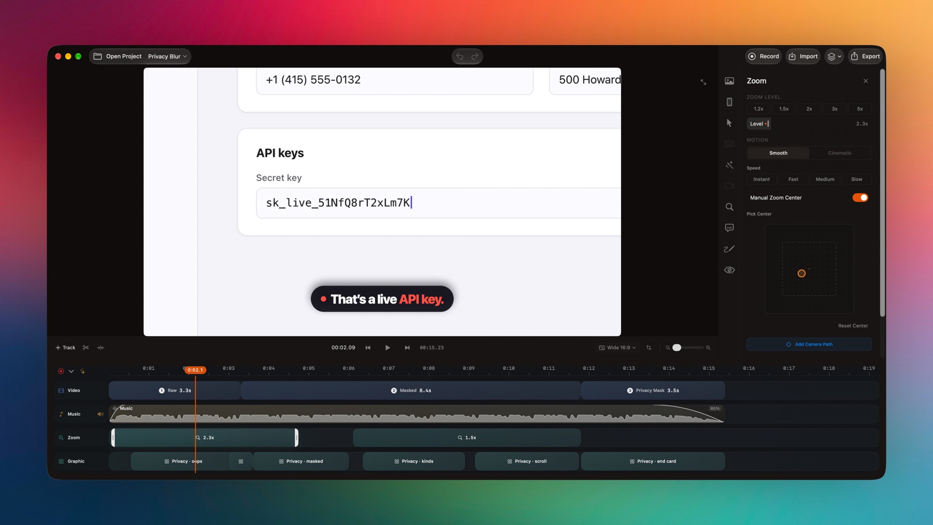 Zoom inspector with level presets, motion, speed and manual zoom center