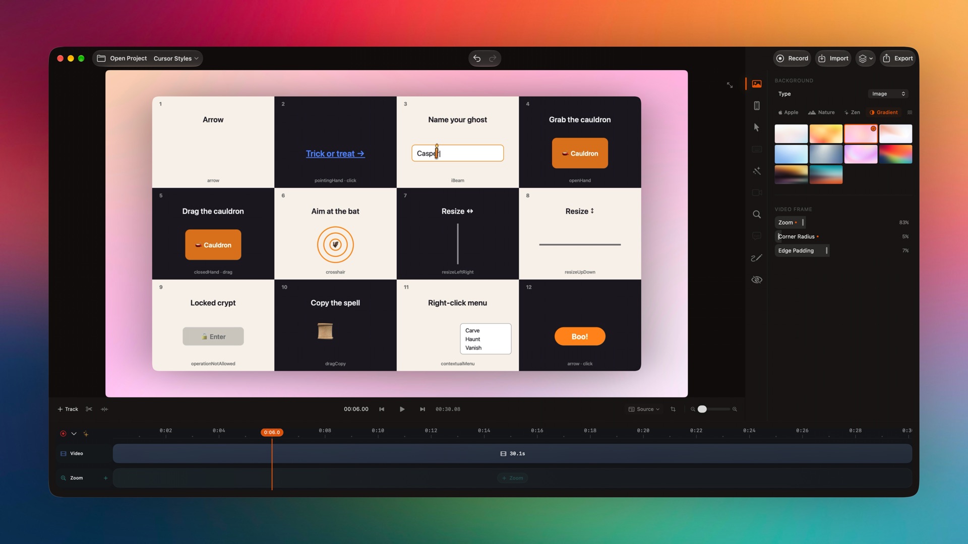 Background inspector with the Gradient collection and video frame sliders